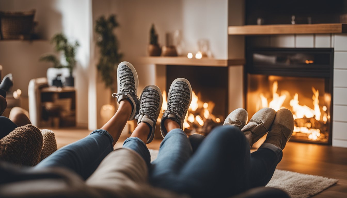 A cozy living room with a fireplace burning biomass fuel, surrounded by happy family members