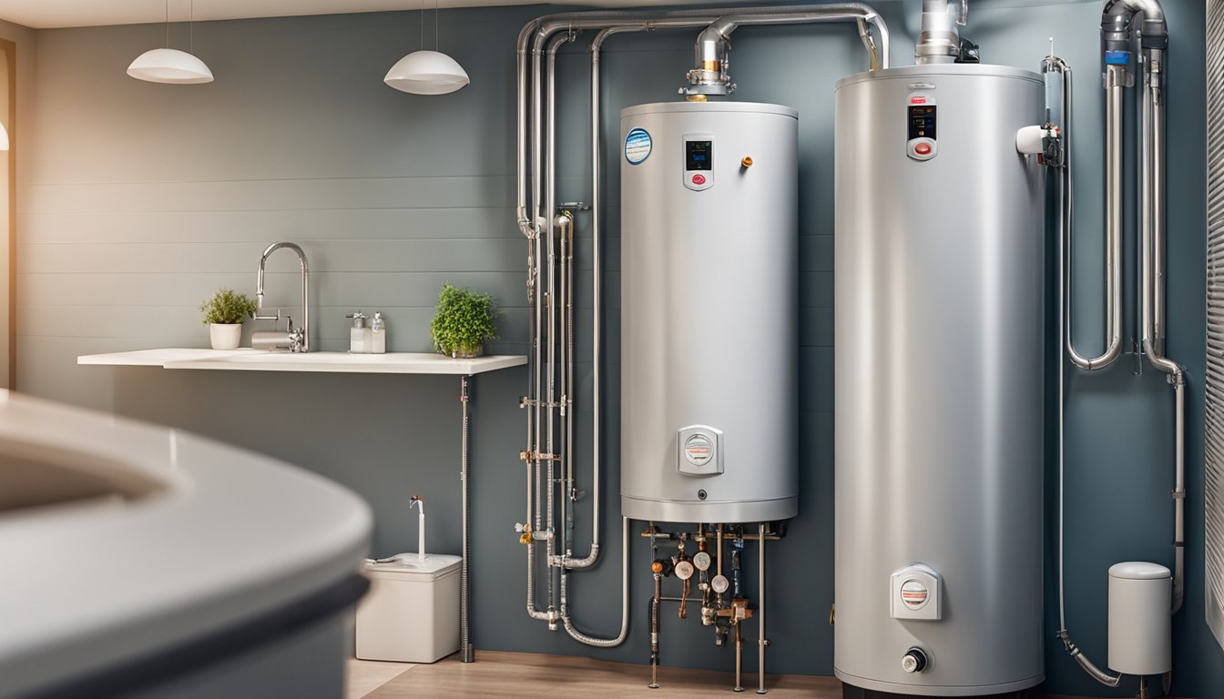 A modern, energy-efficient water heater installed in a neatly organized utility room, surrounded by eco-friendly home heating solutions