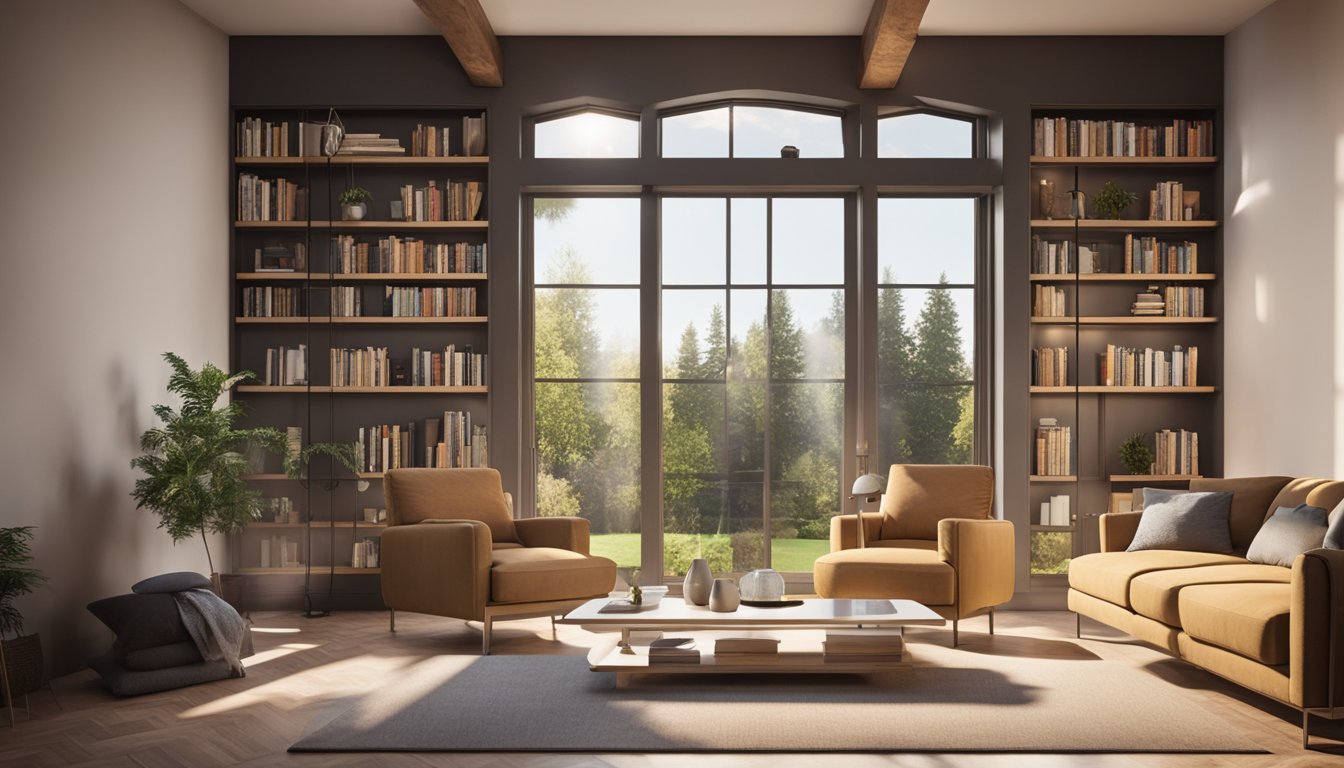 A cozy living room with a fireplace and bookshelves. A large window shows a sunny backyard with a solar water heater on the roof