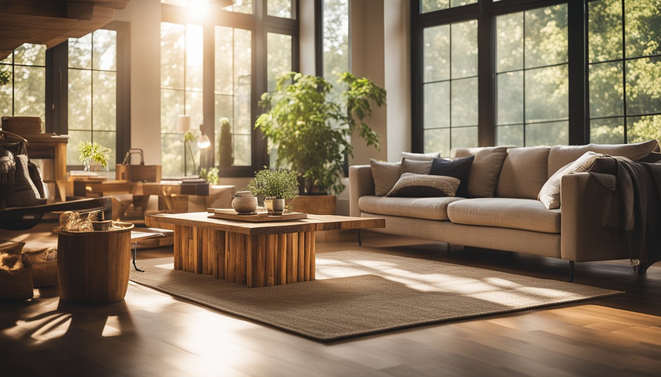 A cozy living room with sunlight streaming in through large windows, showcasing various eco-friendly flooring options such as bamboo, cork, and reclaimed wood