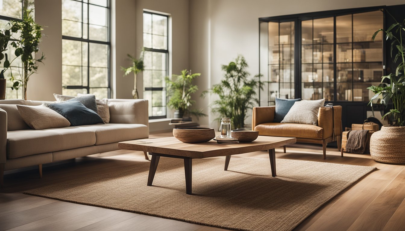 A cozy living room with various eco-friendly flooring samples displayed, including bamboo, cork, and reclaimed wood. Natural light streams in through the window, illuminating the space