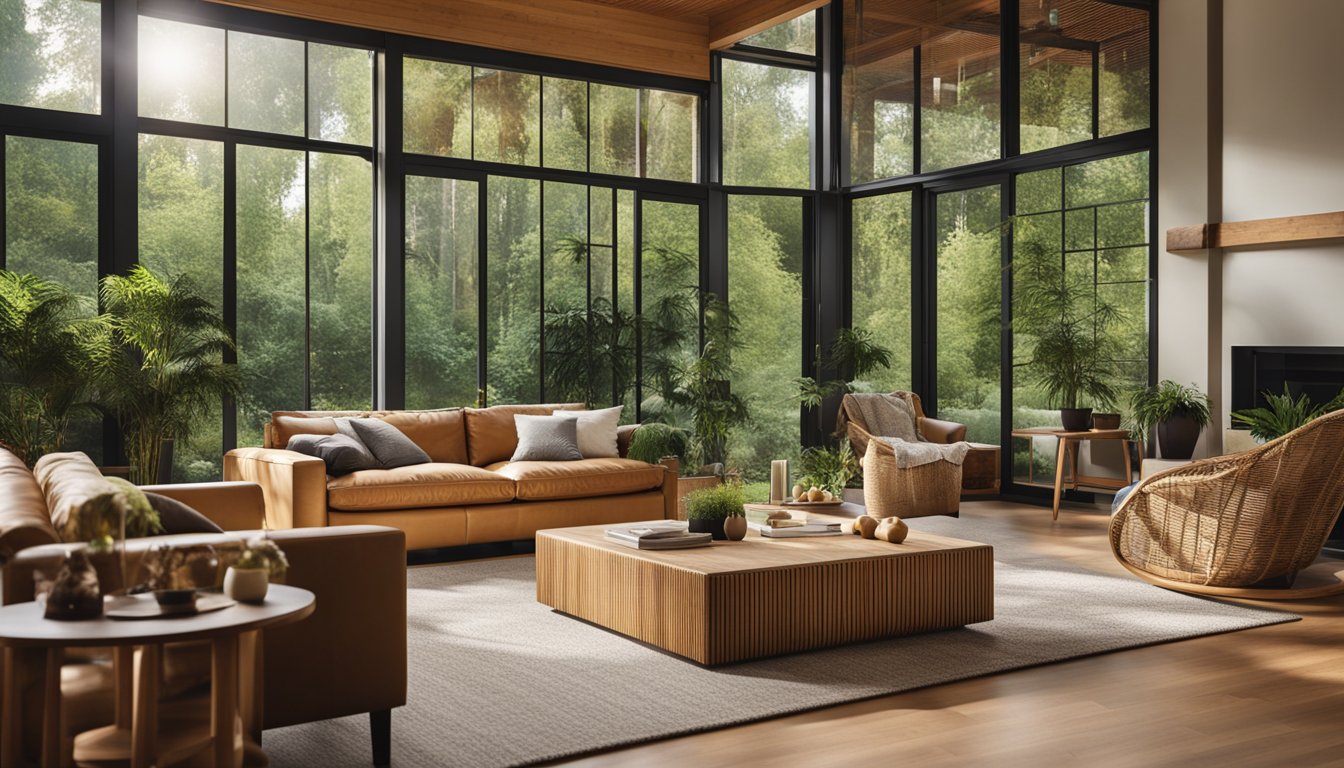 A cozy living room with large windows overlooking a lush garden, featuring a variety of eco-friendly flooring options such as bamboo, cork, and reclaimed wood