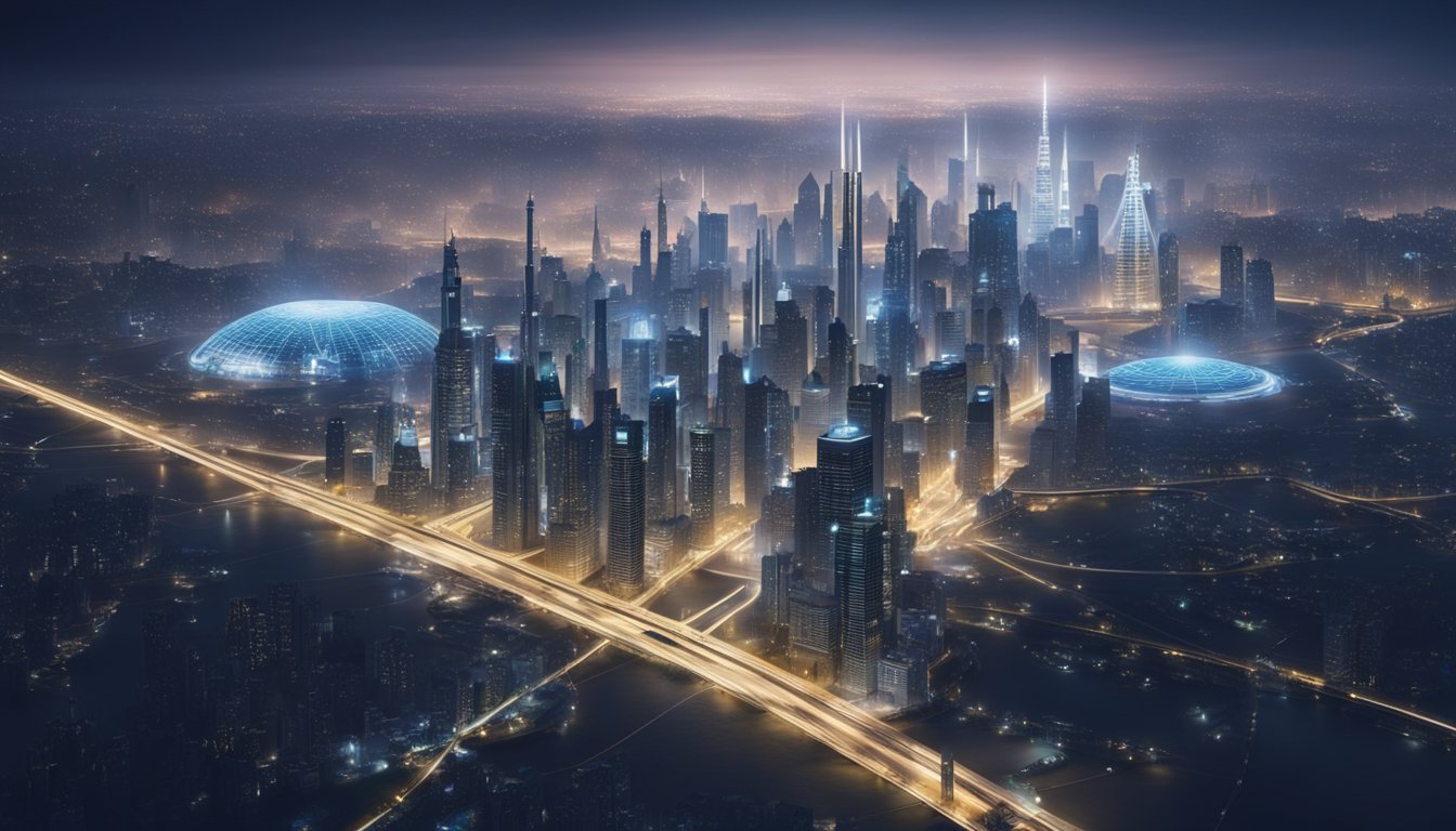 A futuristic city skyline with interconnected energy grids and advanced technology