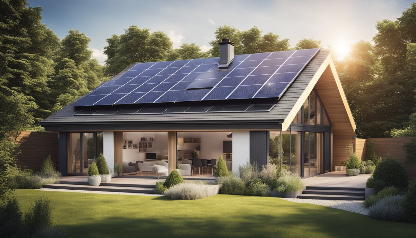 A cozy UK home with a modern, energy-efficient roof, featuring solar panels and proper insulation, surrounded by greenery and clear skies