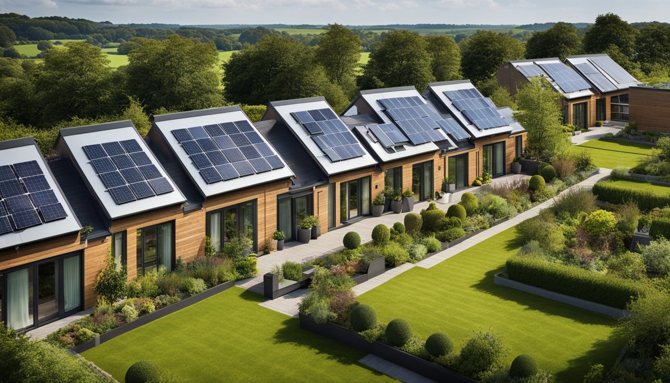 A row of modern UK homes with various energy-efficient roofing options, including solar panels and green roofs, surrounded by lush greenery