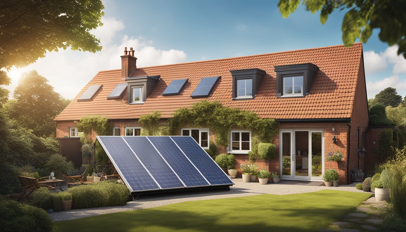 A cozy UK home with various roofing options, including solar panels and insulated materials, surrounded by greenery and clear skies