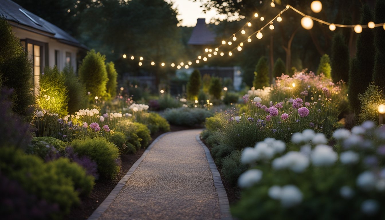 A tranquil garden at dusk, illuminated by solar-powered lights. Flower beds and pathways are softly lit, creating a warm and inviting atmosphere