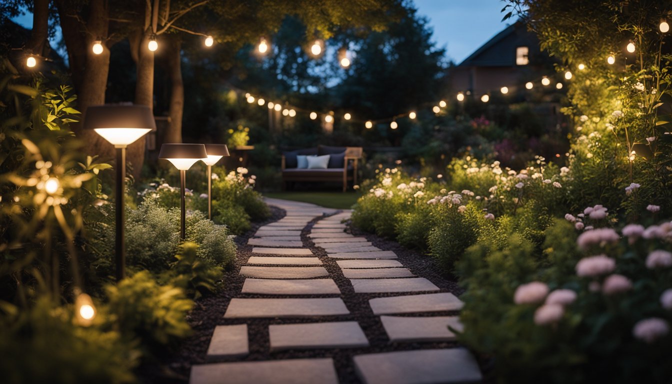 A cozy backyard garden at dusk, illuminated by solar-powered lights, casting a warm glow on the pathway and highlighting the surrounding plants and flowers