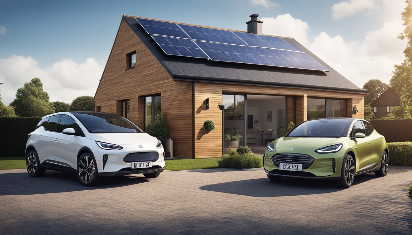 A cozy UK home with solar panels on the roof, a battery storage system in the garage, and an electric car plugged in for charging