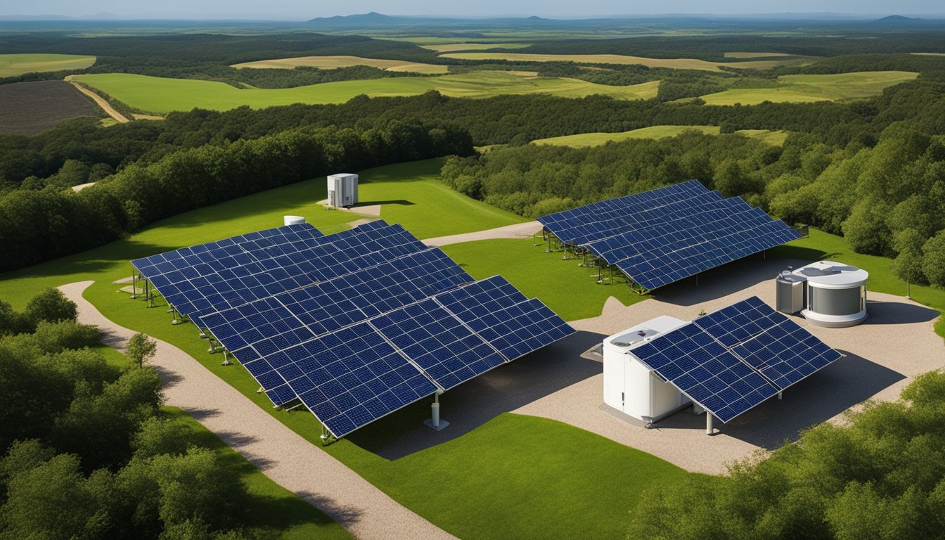 A solar panel system connected to a home battery storage unit, with wind turbines in the background, surrounded by a lush green landscape