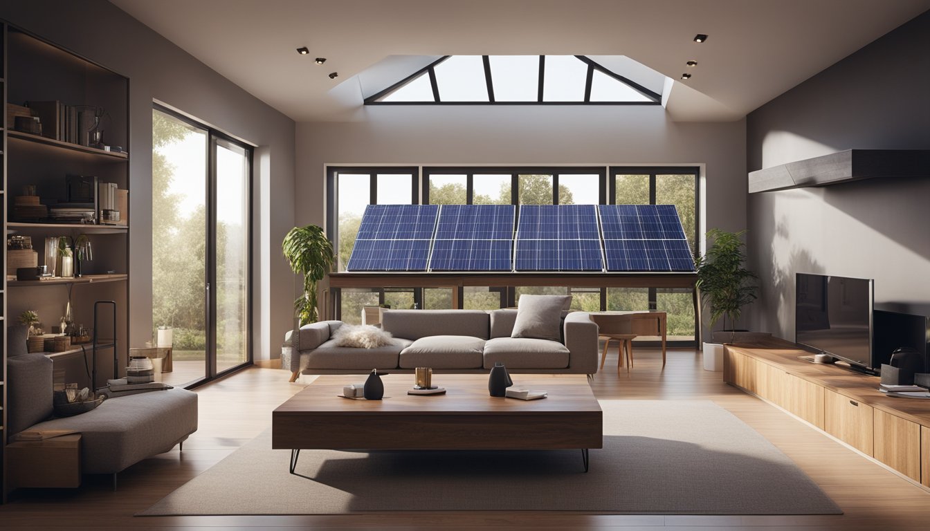 A cozy living room with solar panels on the roof, a battery storage system, and various energy-efficient appliances