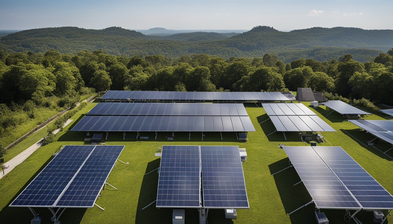 A sunny rooftop with solar panels neatly arranged, surrounded by greenery and clear blue skies. A maintenance worker inspects and cleans the panels with specialized equipment