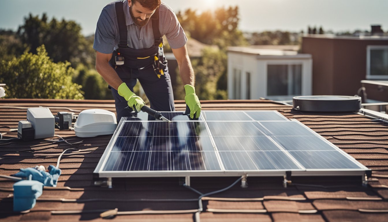 A sunny rooftop with solar panels being cleaned and inspected by a homeowner using a ladder and maintenance tools