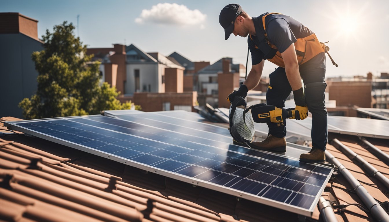 A sunny rooftop with solar panels being cleaned and inspected by a technician using specialized tools and equipment