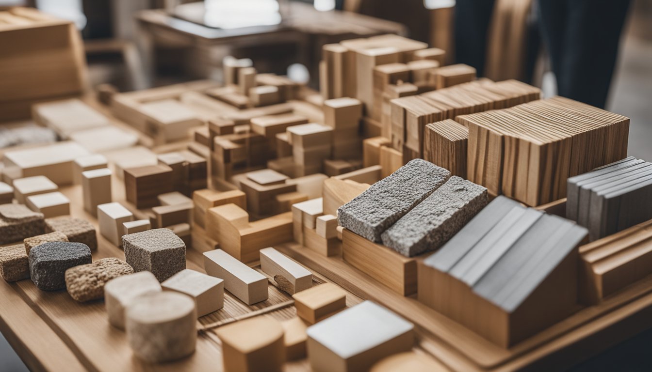 A person researching and comparing various sustainable building materials, surrounded by samples of wood, stone, metal, and other eco-friendly options