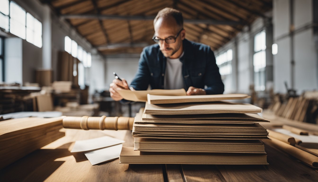 An architect examining various eco-friendly building materials, such as bamboo, reclaimed wood, and recycled steel, with a guidebook open on the table