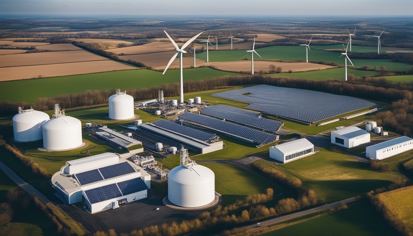 A landscape with a hydrogen production facility, wind turbines, solar panels, and fuel cell vehicles in the UK