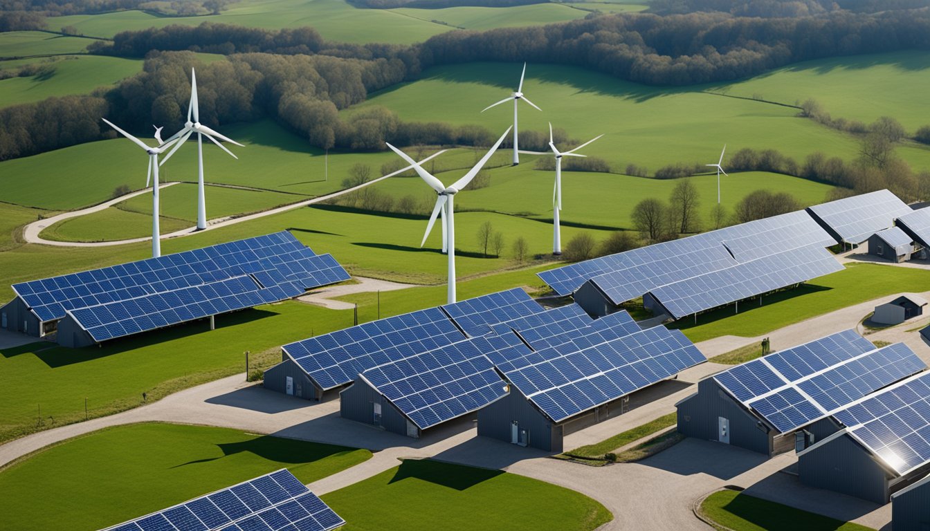 A landscape with wind turbines, solar panels, and hydrogen fuel cells powering vehicles and buildings in the UK