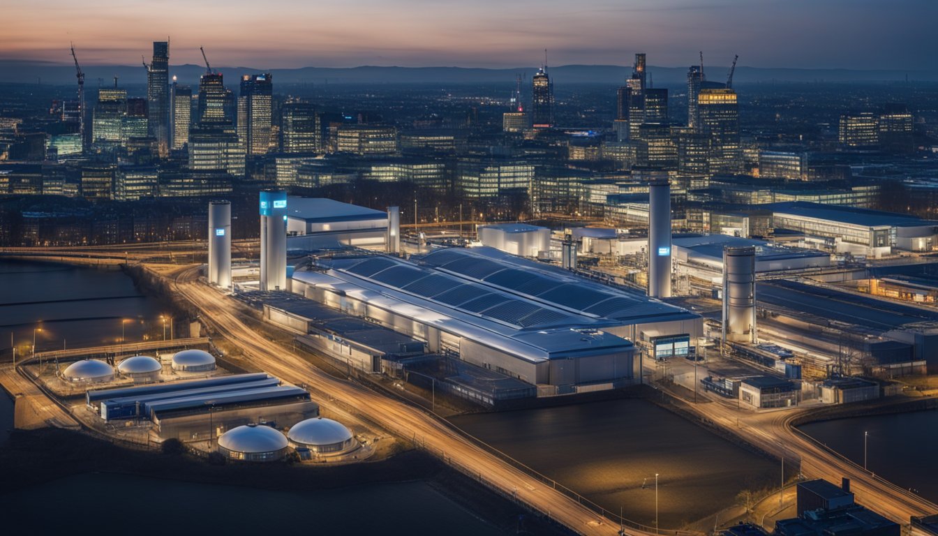 A bustling UK city skyline with a prominent hydrogen fueling station and a network of pipelines connecting various industrial sites