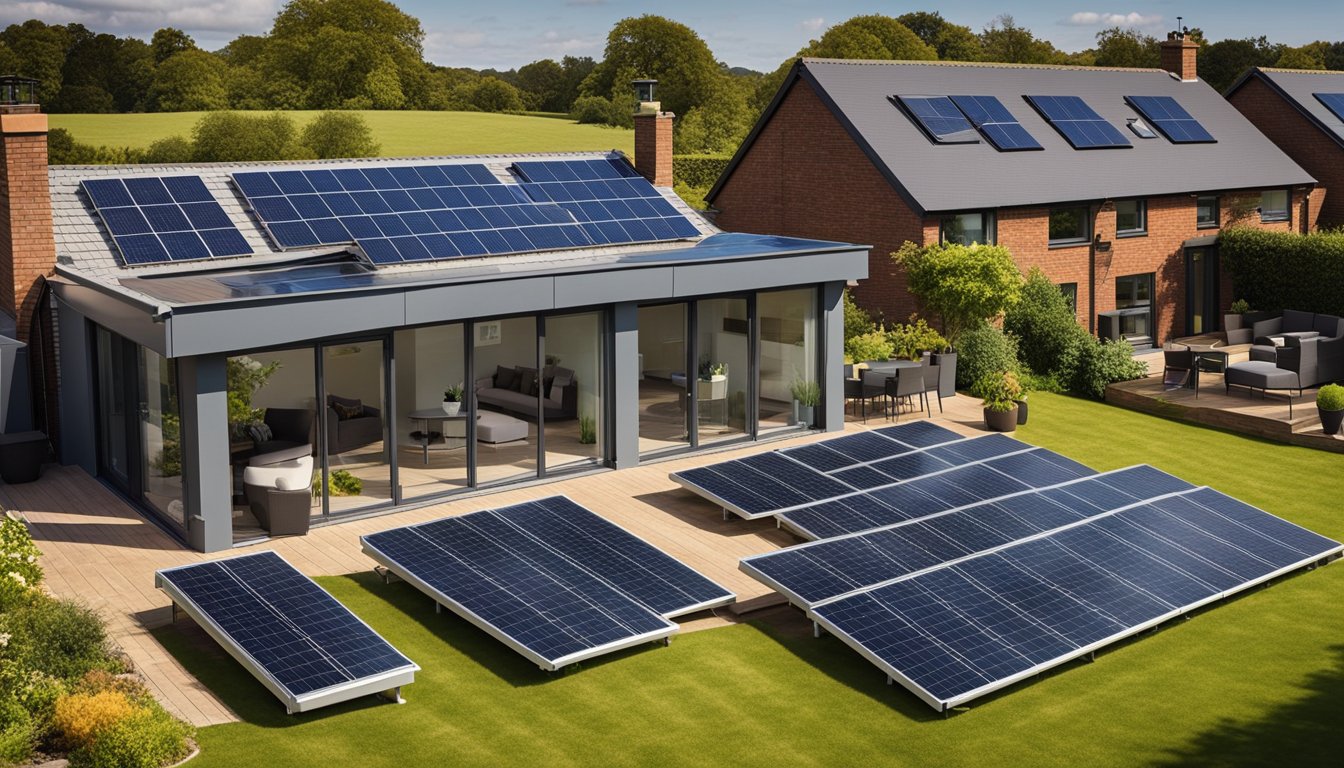 A modern UK home with solar panels on the roof, a heat pump system, and smart thermostats controlling eco-friendly heating