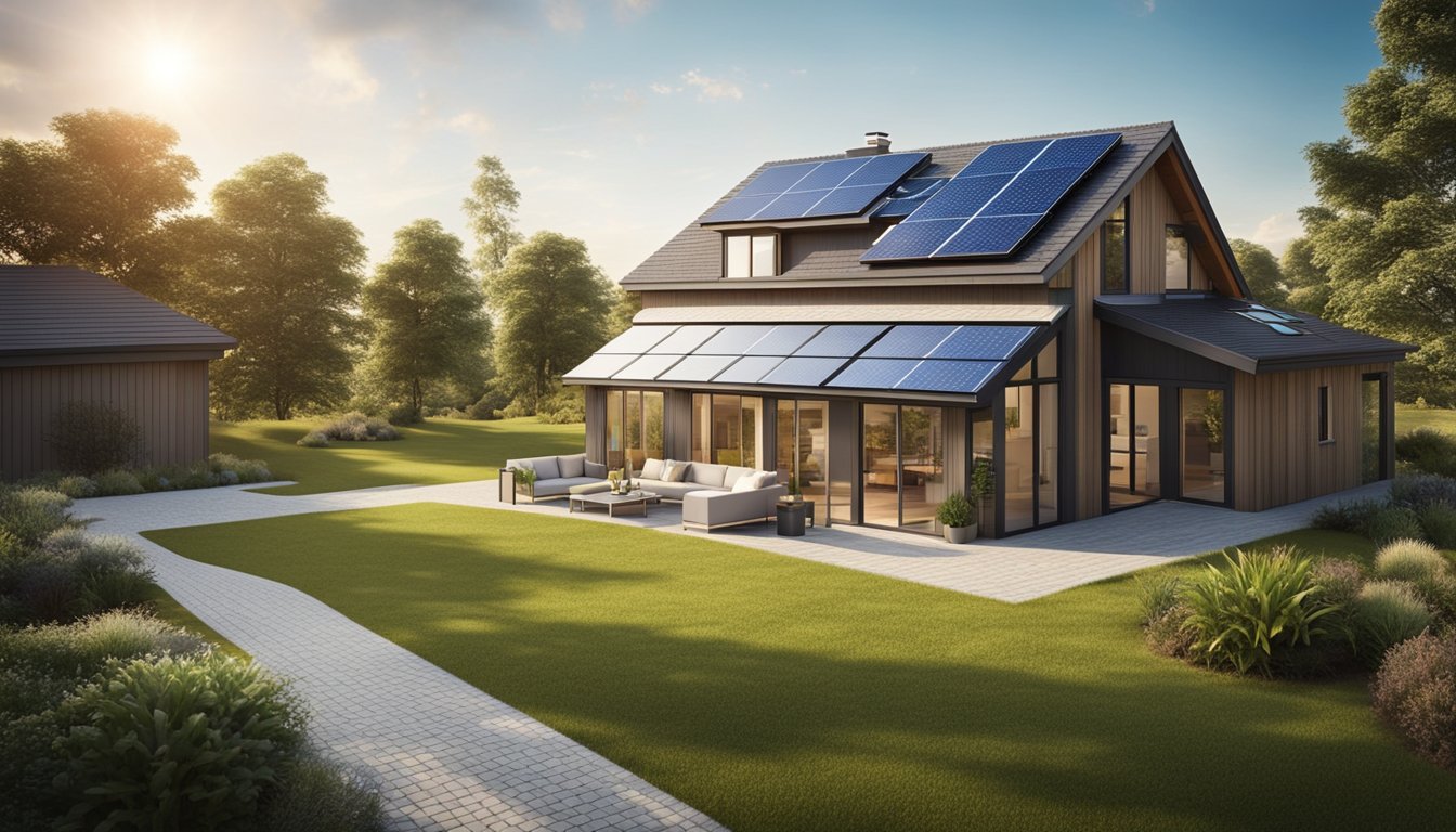 A modern, eco-friendly home with solar panels on the roof, a wind turbine in the yard, and a geothermal heating system