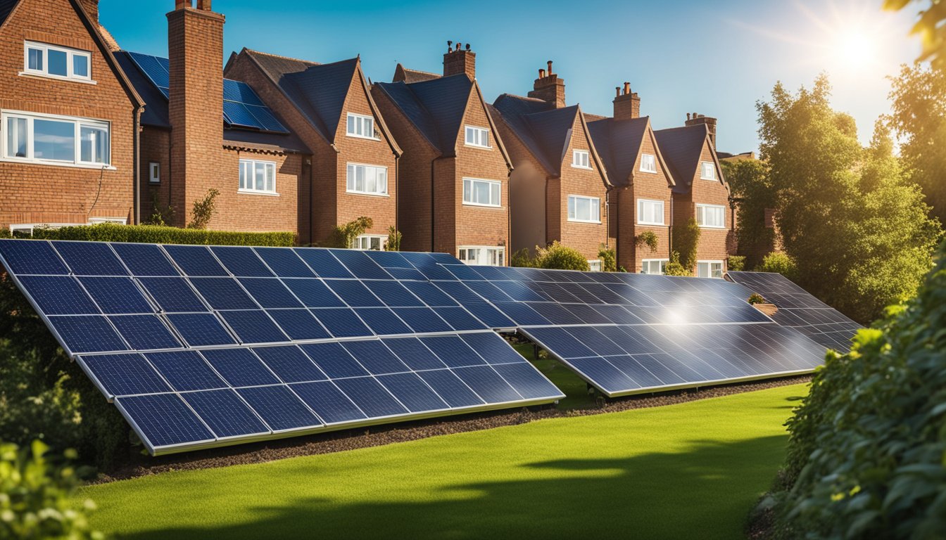 A row of houses with solar panels on their roofs, surrounded by green gardens and a clear blue sky, showcasing the impact of solar panel incentives for UK homeowners in 2024