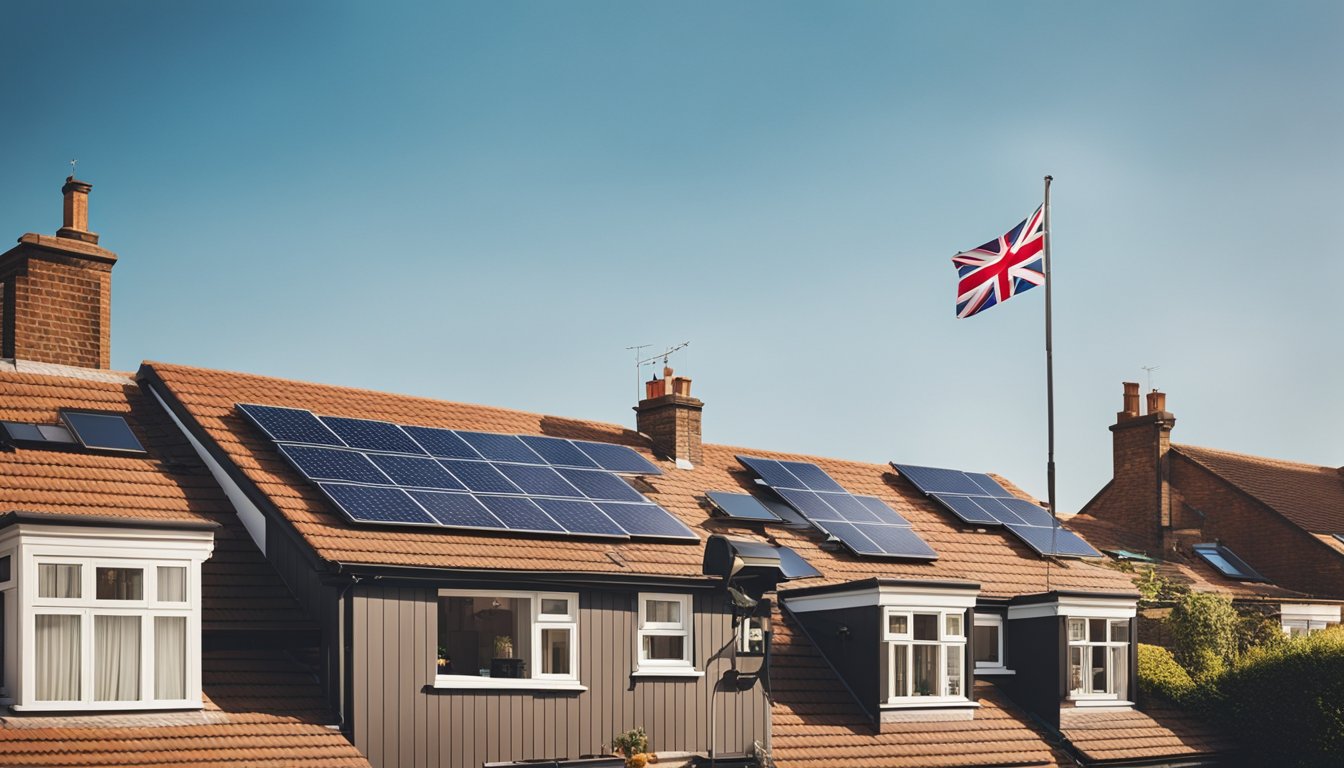 A sunny rooftop with solar panels, a UK flag, and a happy family home in the background