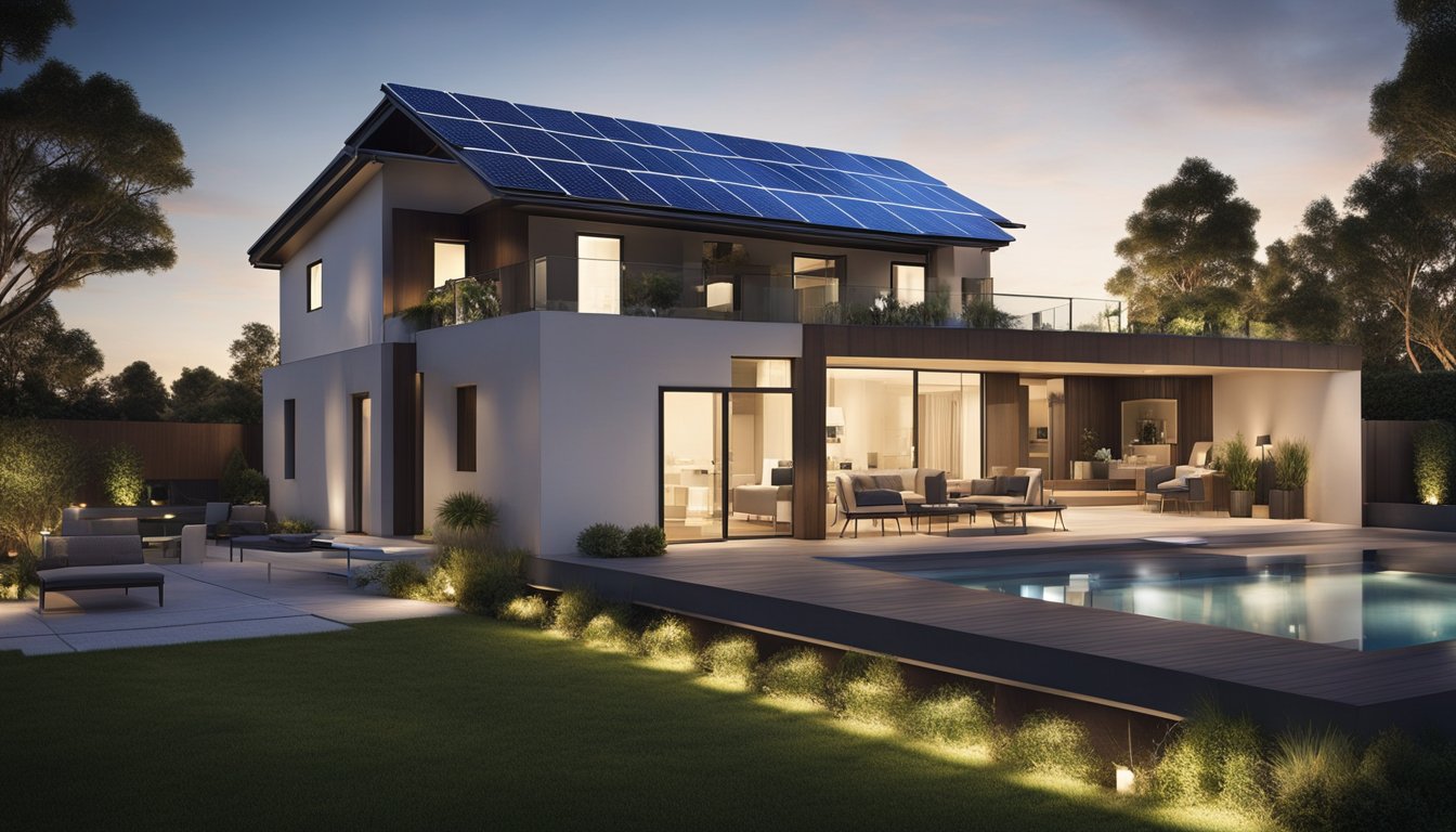 A modern home with smart devices controlling energy usage and security features. Solar panels on the roof and automated lighting and temperature control inside