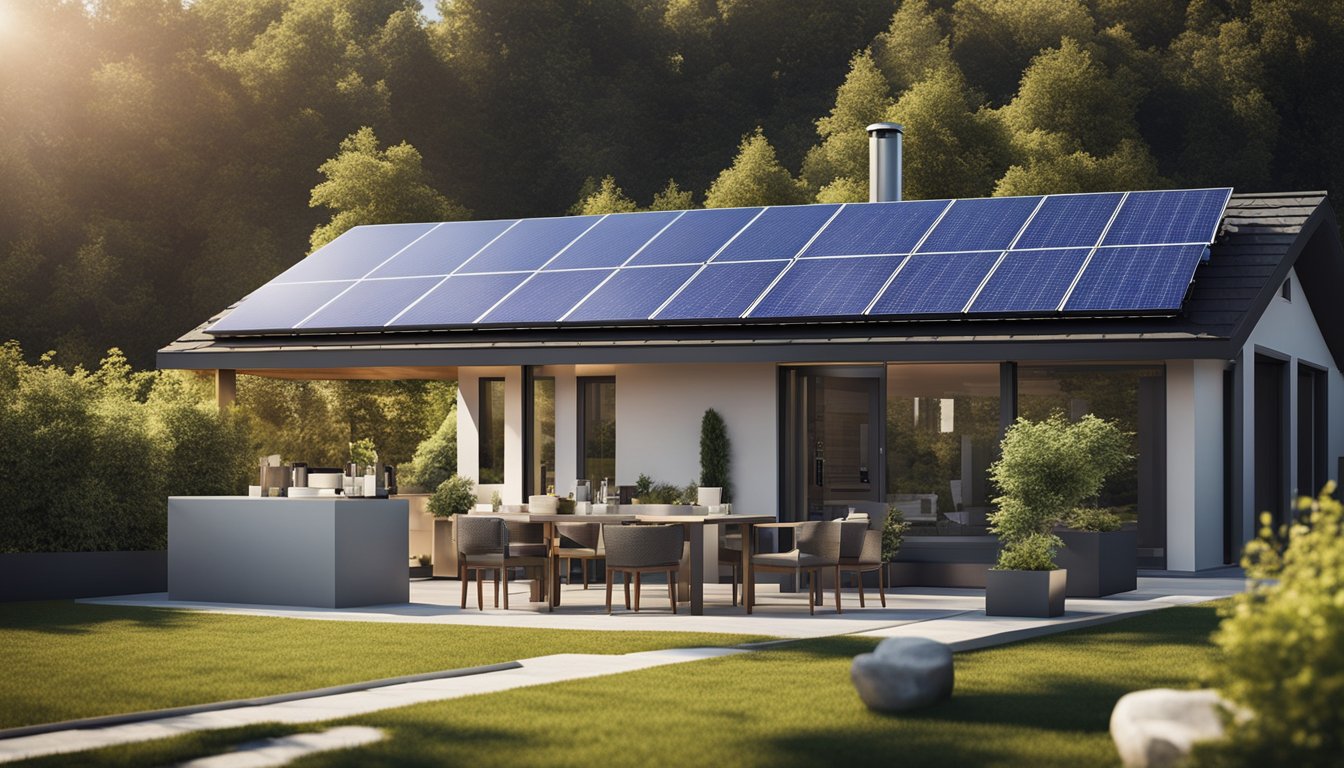 A modern home with solar panels on the roof, a wind turbine in the yard, and energy-efficient appliances inside