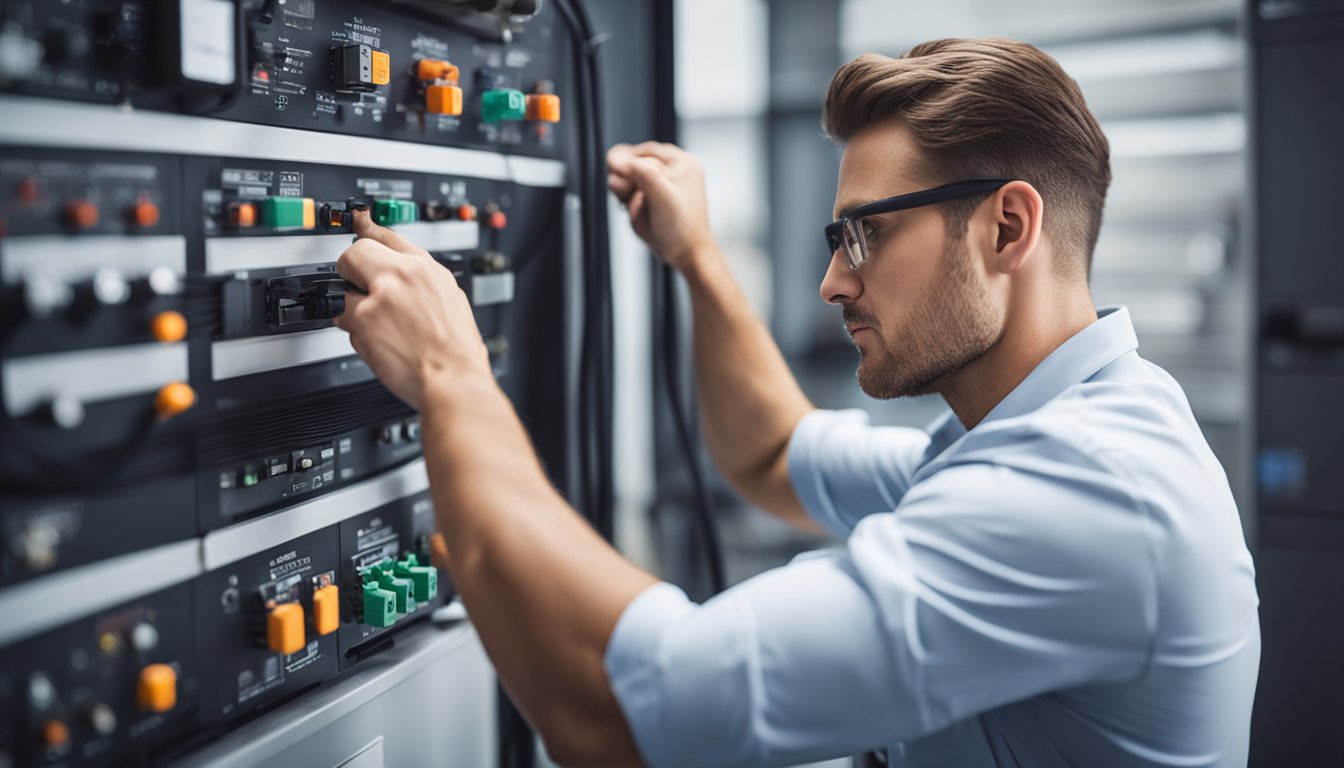 A technician adjusting settings on a heat pump control panel for maximum efficiency