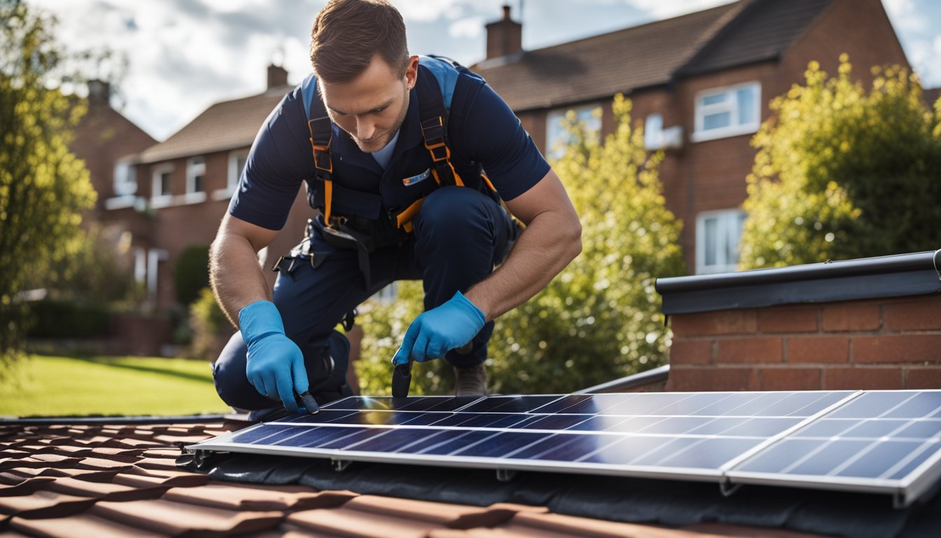 A technician installs solar roof tiles on a UK home, with the sun shining overhead