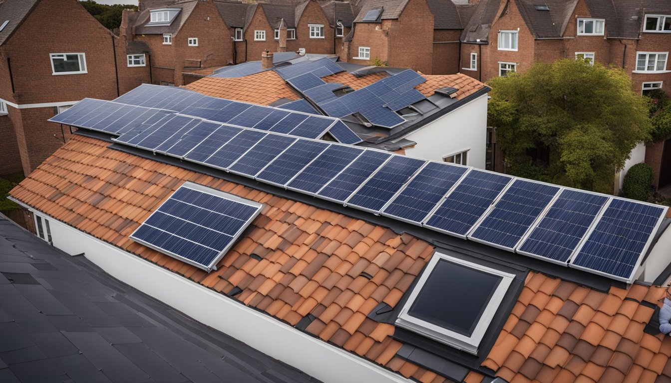 A rooftop with solar roof tiles being installed in the UK