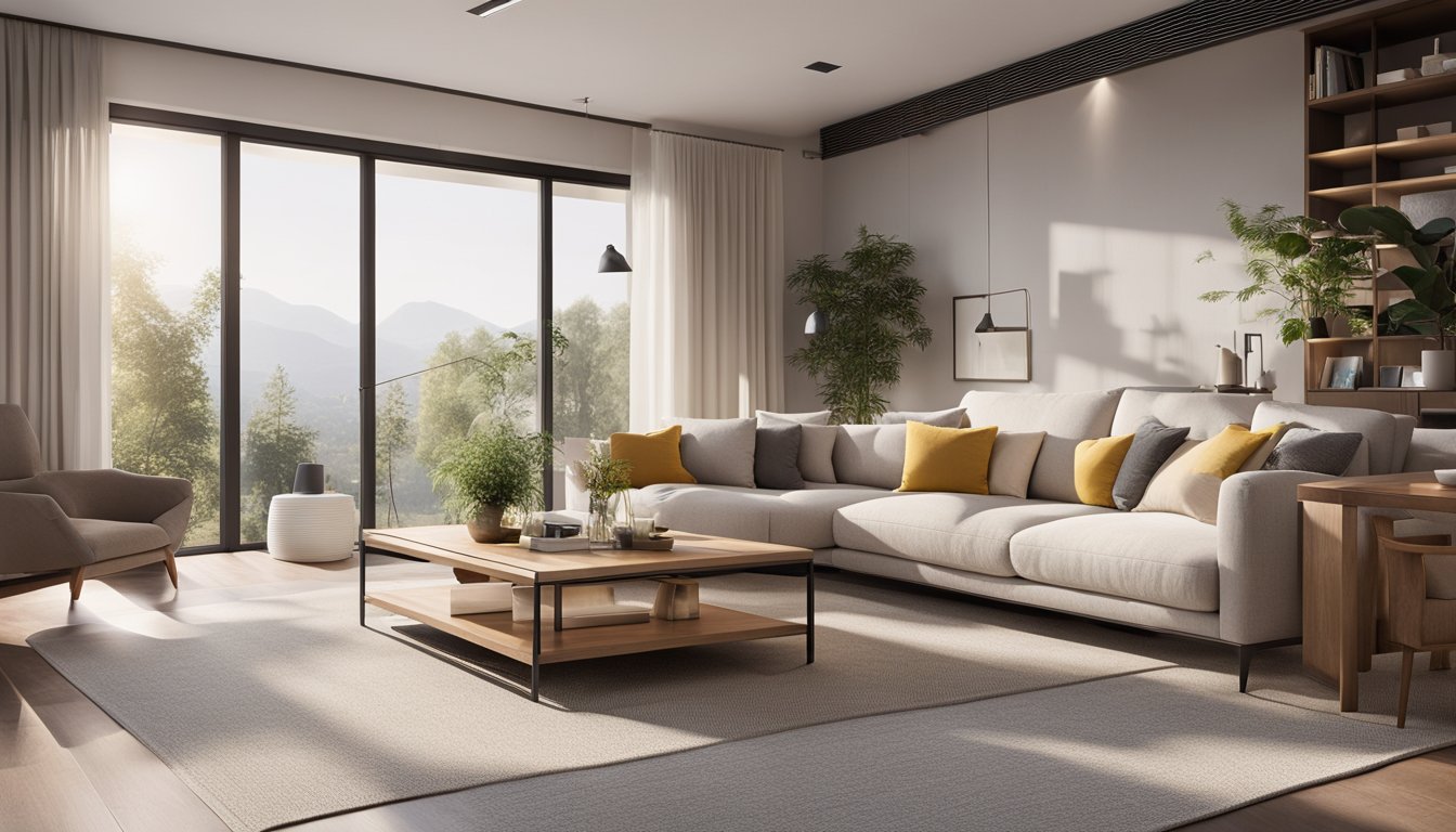 A cozy living room with modern, energy-efficient appliances and smart home devices. Natural light floods in through large windows, illuminating the room