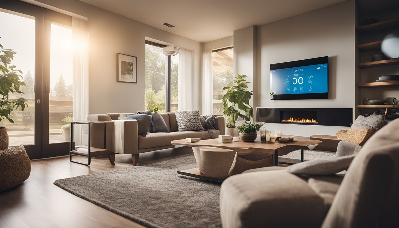 A cozy living room with a smart thermostat, energy-efficient appliances, and natural light streaming in through the windows