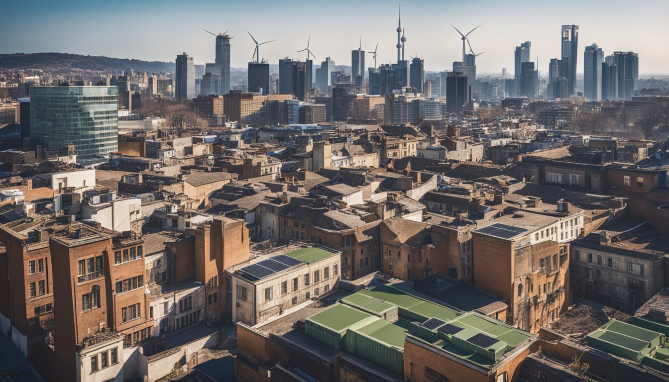 A bustling city skyline with a mix of old and modern buildings, some undergoing retrofitting for energy efficiency. Wind turbines and solar panels on rooftops