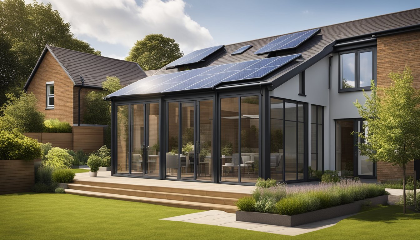 A modern, energy-efficient building in the UK with solar panels on the roof, large windows for natural light, and a green garden surrounding the exterior