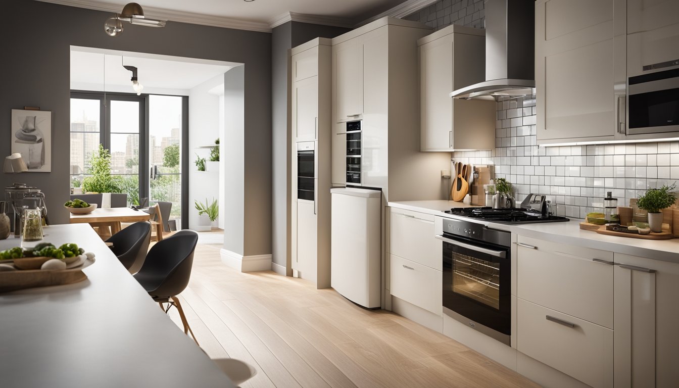 A modern kitchen with energy-efficient appliances, including a refrigerator, stove, and dishwasher, all bearing the UK energy efficiency label