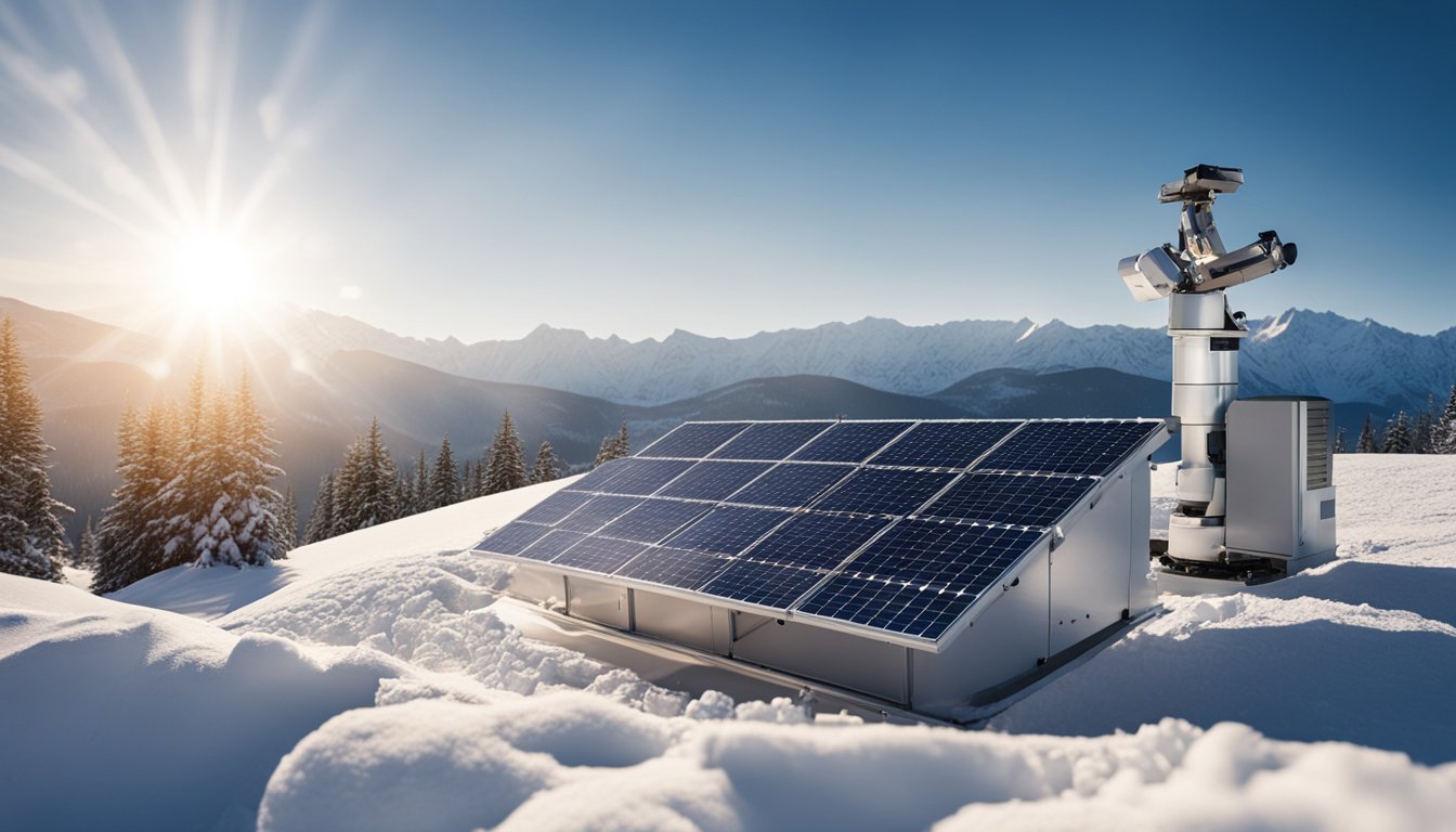 A snowy landscape with solar panels being cleared of snow by a robotic arm while the sun shines brightly in the sky