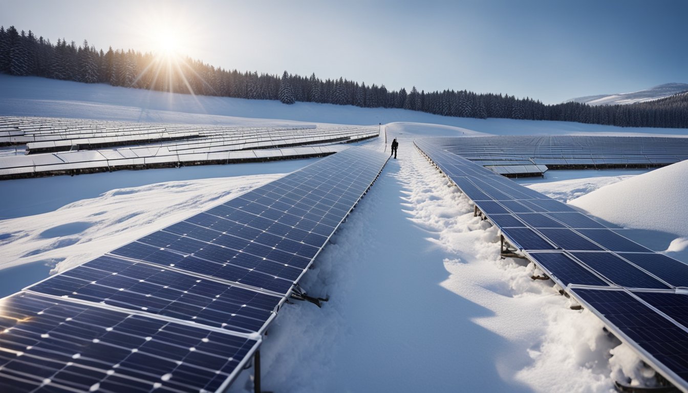 A snowy British landscape with solar panels being cleared of snow and checked for maintenance by a technician in winter gear