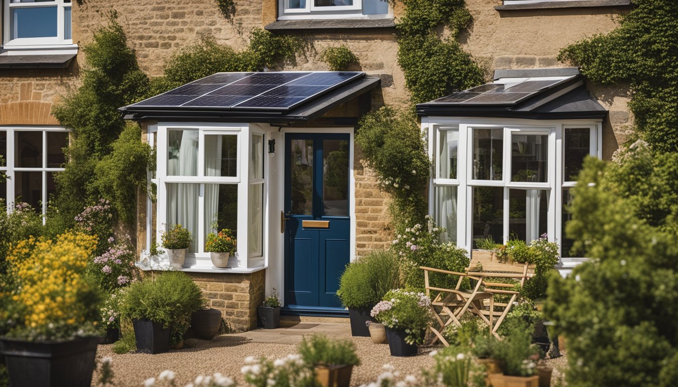 A quaint, historical UK home with modern energy-efficient upgrades like double-glazed windows, solar panels, and insulation