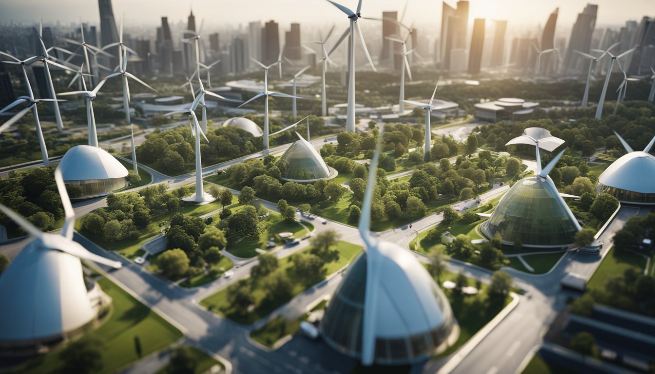 A bustling city skyline with wind turbines and solar panels integrated into the architecture, electric vehicles zipping through the streets, and green spaces thriving amidst the urban landscape