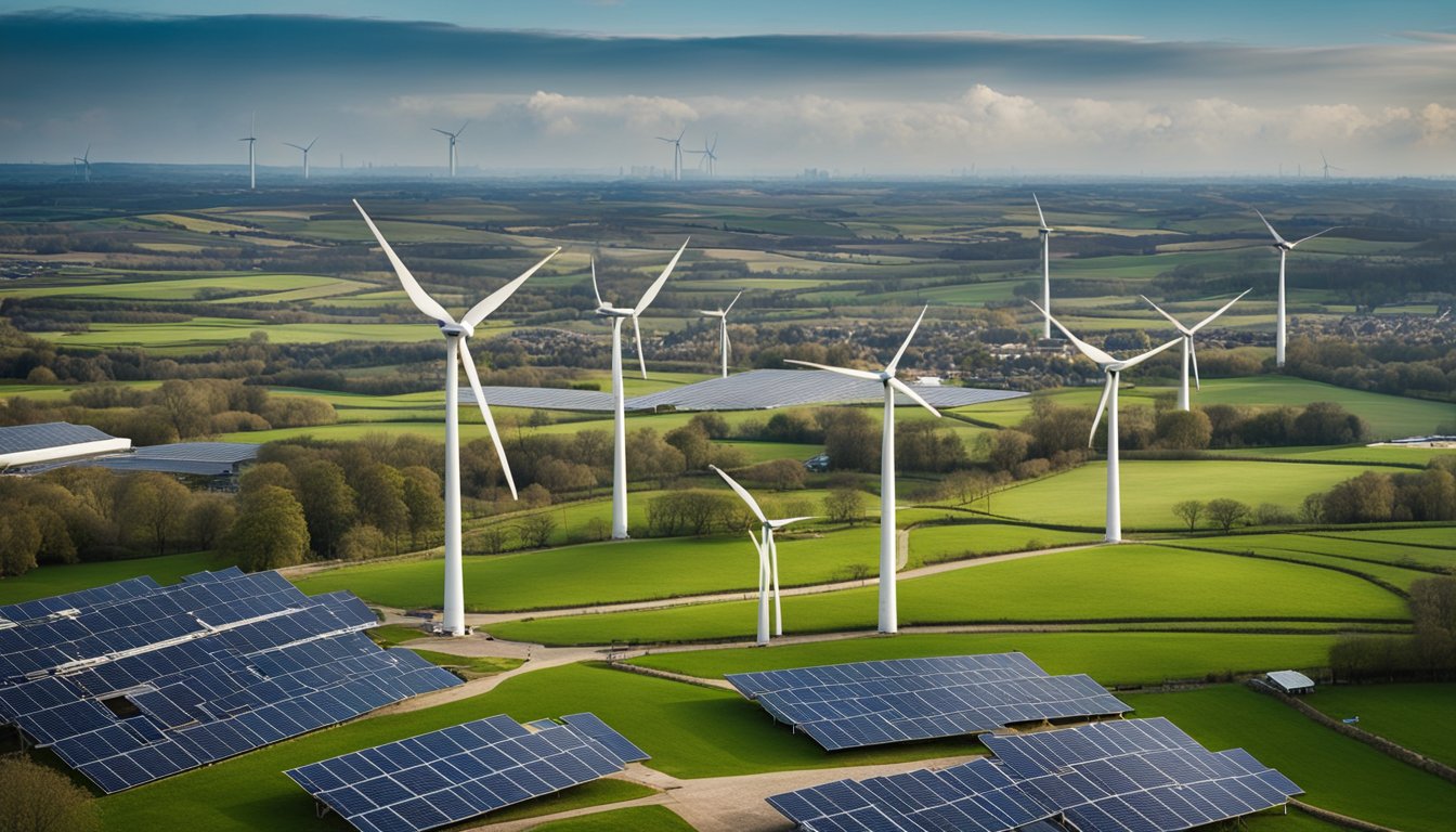 An urban landscape with various renewable energy solutions such as solar panels, wind turbines, and green buildings rising across the UK