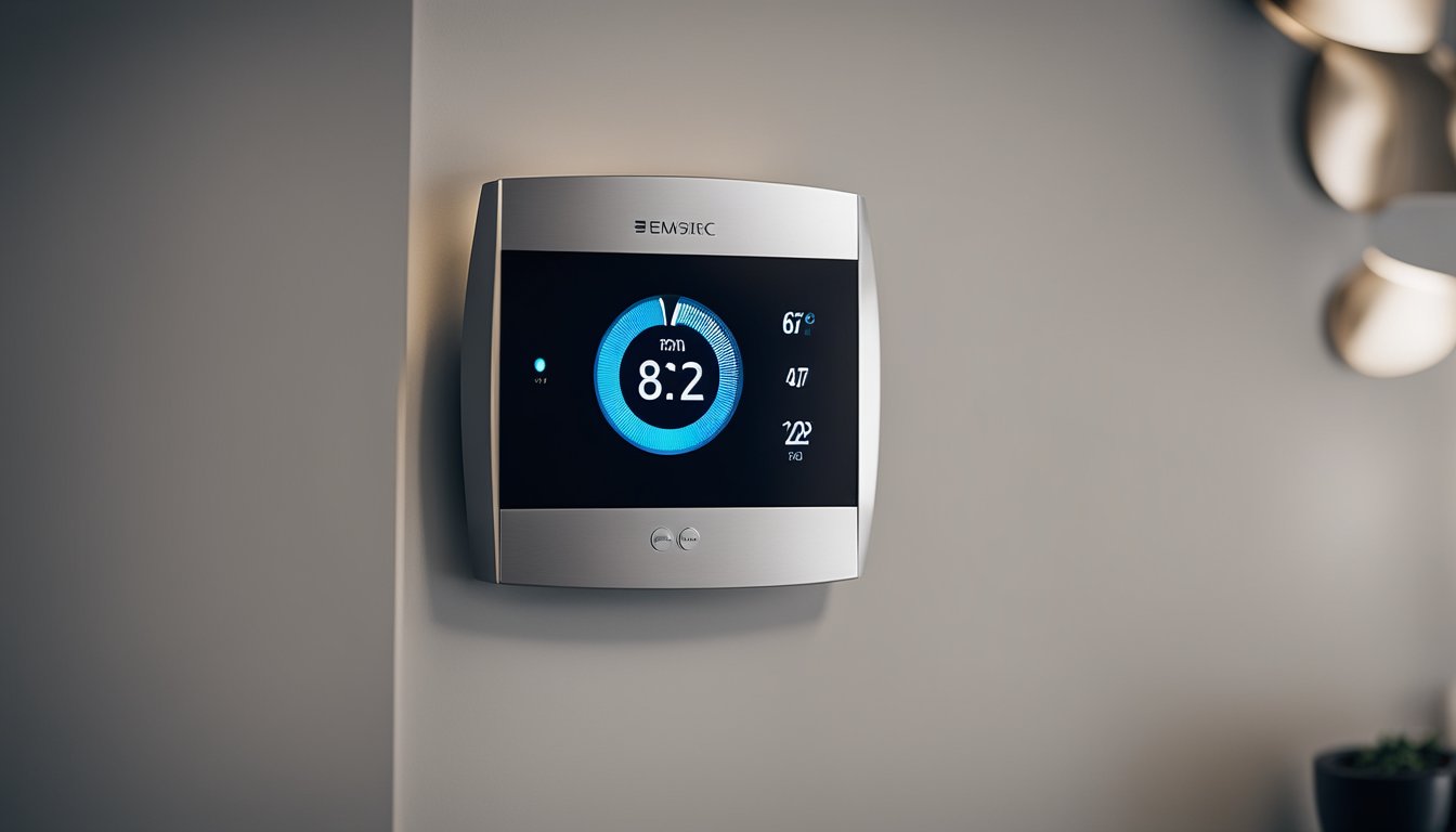 A modern smart thermostat mounted on a wall in a contemporary UK home, surrounded by sleek furniture and smart home devices