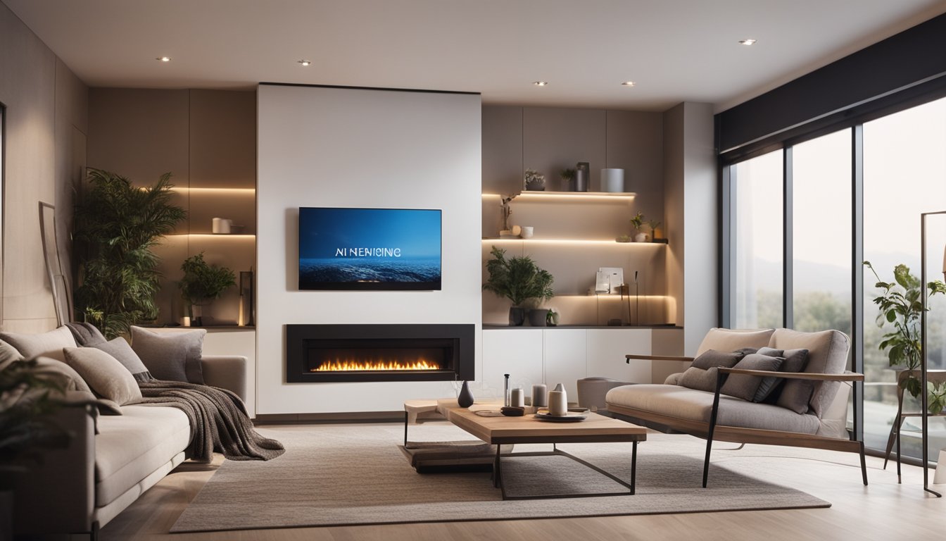 A cozy living room with a smart thermostat controlling the temperature. A family room with energy-efficient lighting and appliances