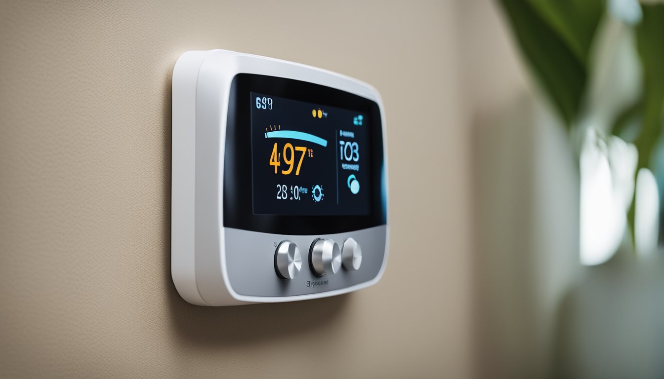 A smart thermostat mounted on a wall with icons indicating temperature control and energy usage