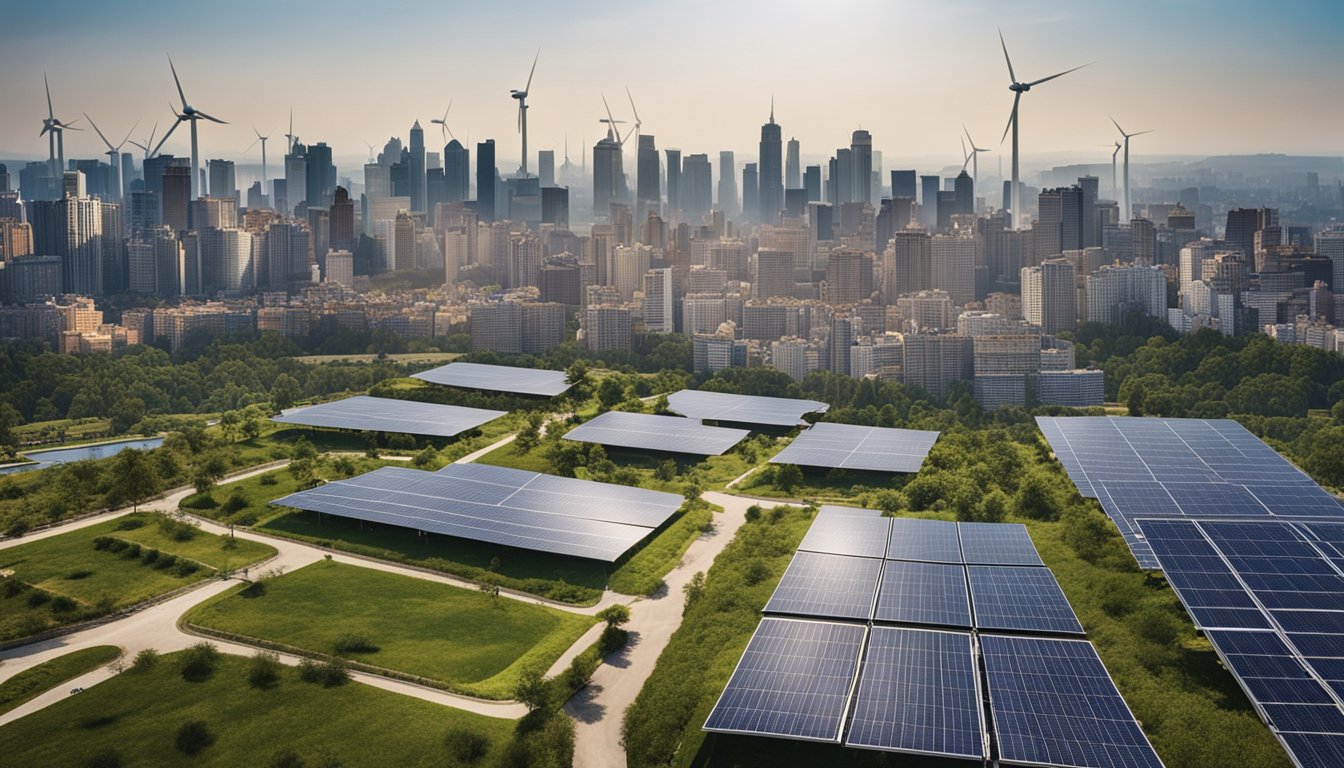 A bustling cityscape with modern buildings, solar panels, wind turbines, and green spaces integrated into the urban environment