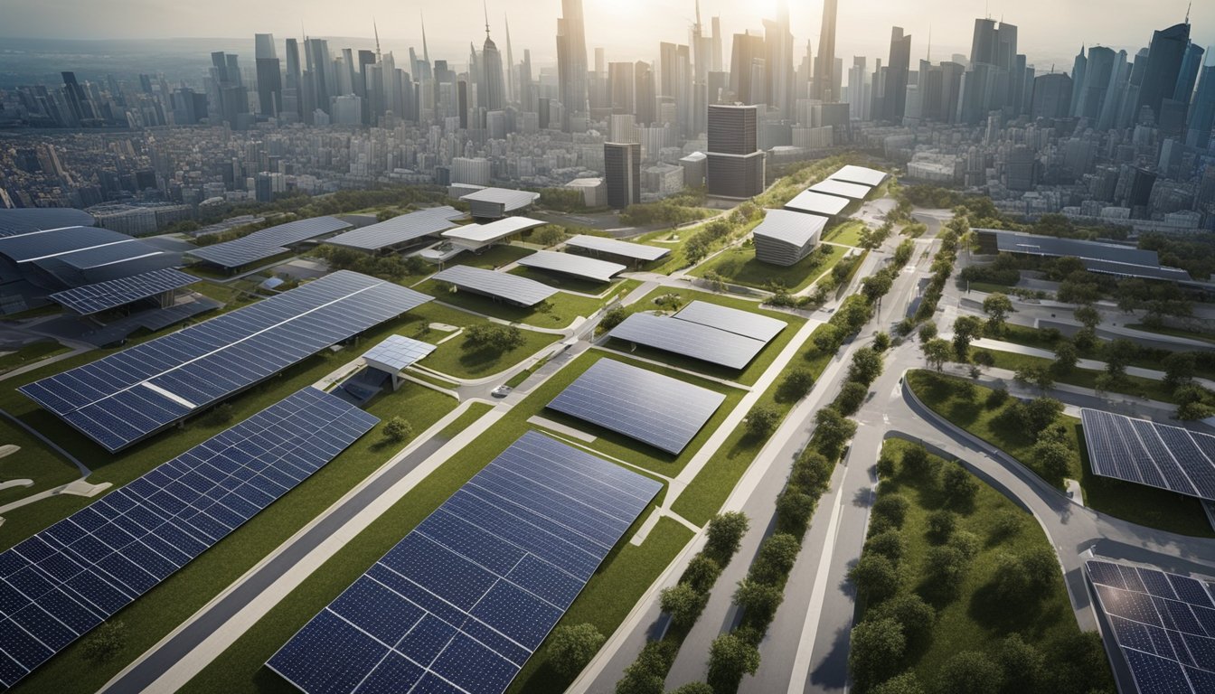 A bustling city street with modern buildings and green energy solutions such as solar panels and wind turbines integrated into the urban landscape