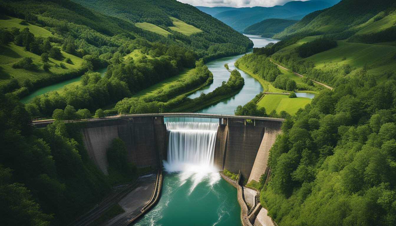 A serene landscape with a flowing river, surrounded by lush green hills and a cloudy sky. A hydroelectric dam spans the river, capturing the energy of the flowing water