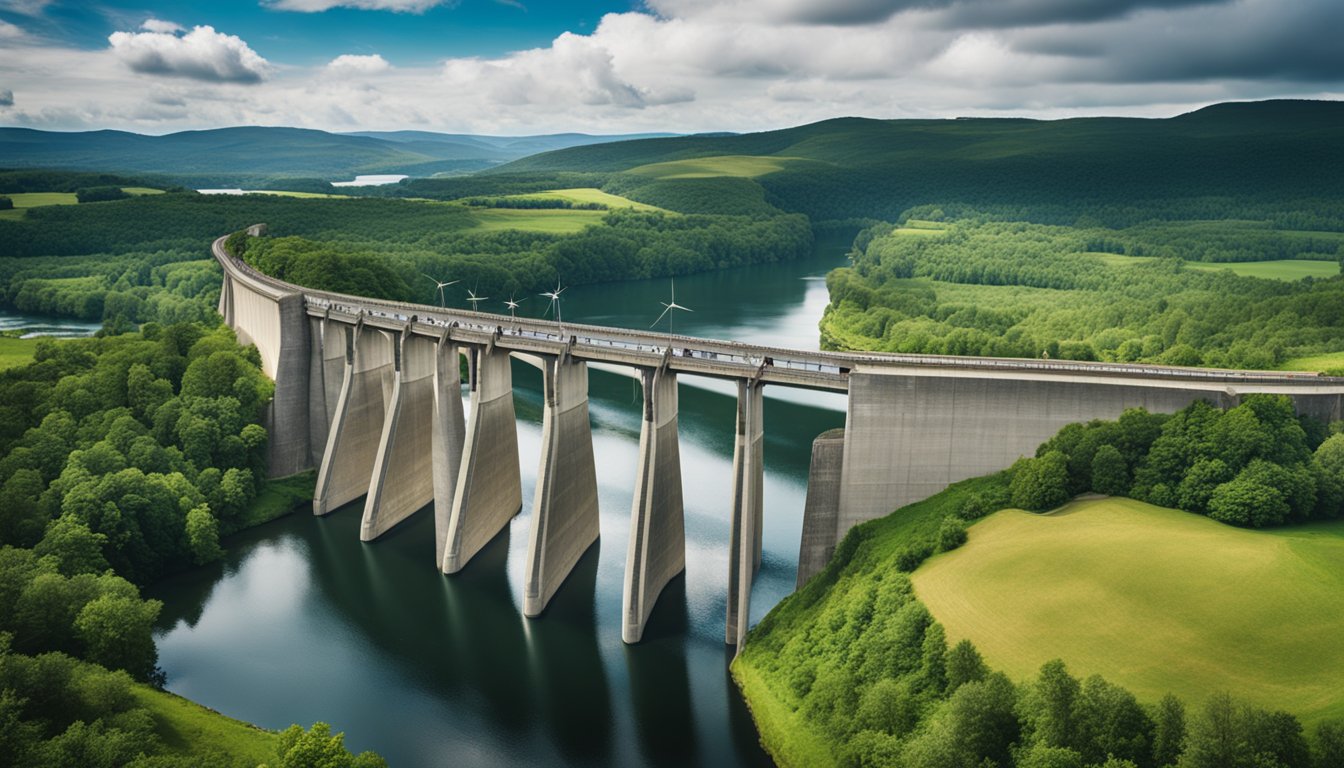 A large hydroelectric dam spans a river, surrounded by lush greenery and wildlife. Wind turbines dot the landscape under a cloudy British sky