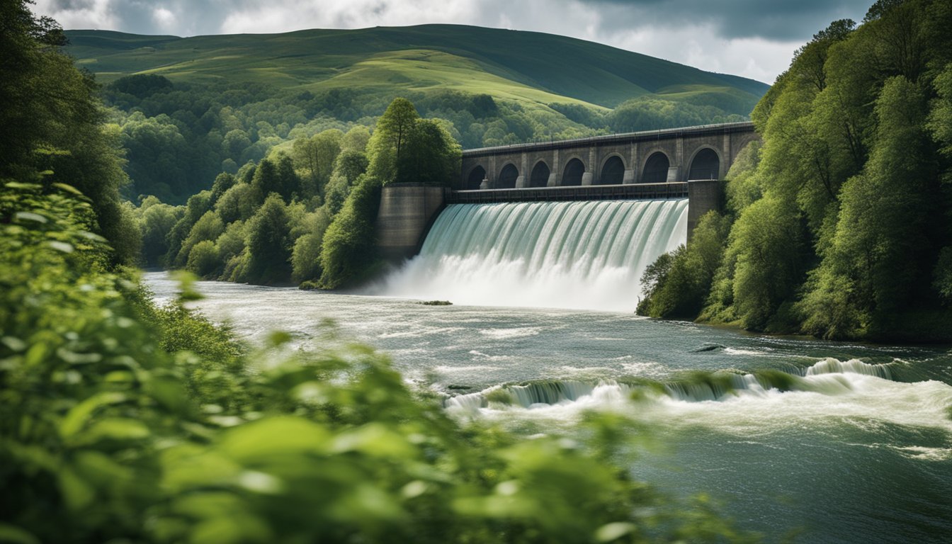 A rushing river flowing through a lush, green landscape with a large hydroelectric dam in the background, surrounded by British weather